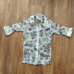 RARE! 90’s Bebe Moda Floral Nylon Sheer Button Front Colar Blouse Medium